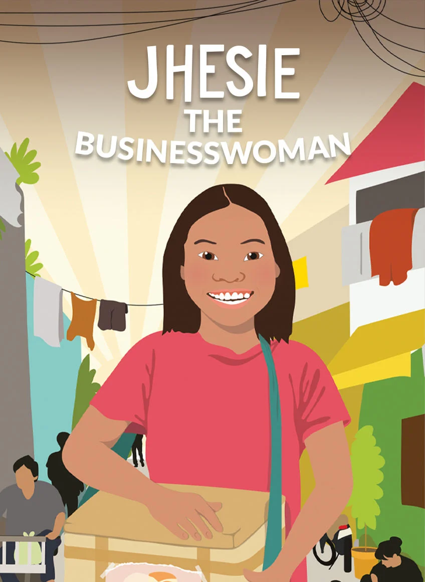 Illustration of a girl in a red shirt smiling and carrying a bag over her shoulder.